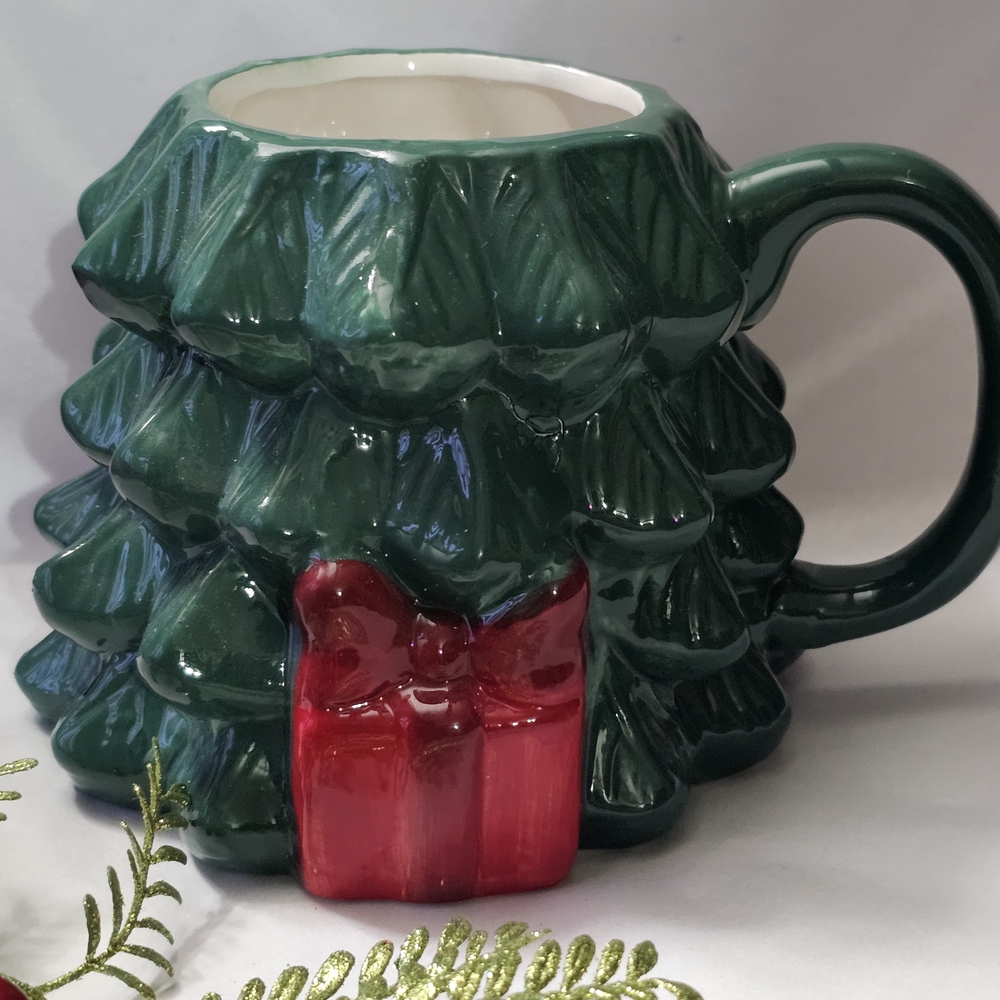 Peppermint And Pine Green Christmas Tree Figural Mug with Red Gift Accent